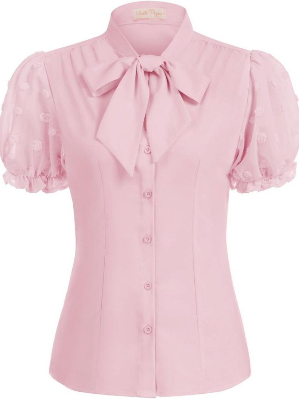 Vintage-Inspired Women's Puff Sleeve Blouse with Bow Tie - Elegant Mesh Top